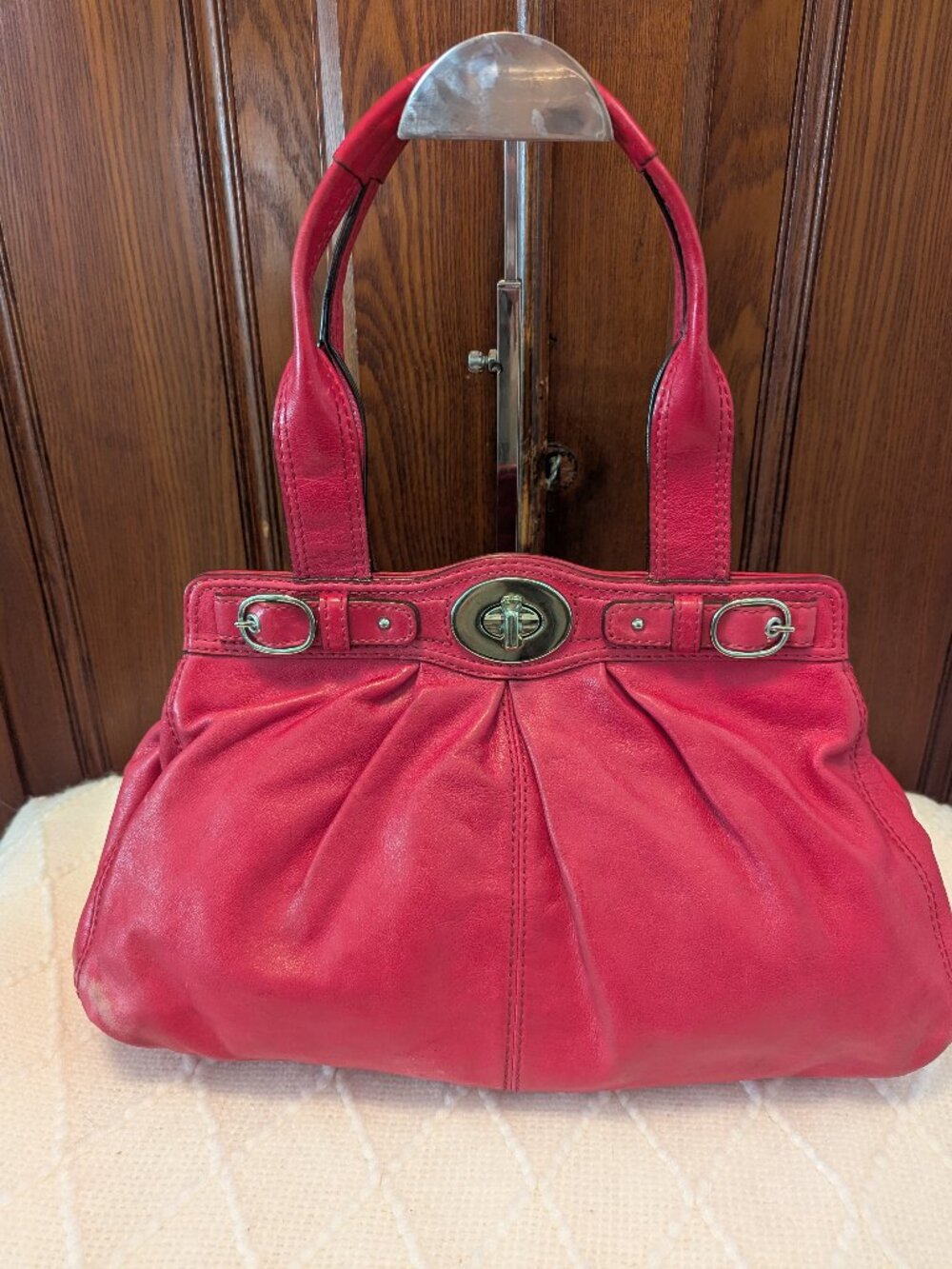 Coach Garnet Pink Leather Double-Handle Shoulder Bag with Turn-Lock
